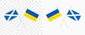 Ukraine and Scotland crossed Flags . Pennant angle 28 degrees. Options with different shapes of flagpoles and colors - silver and