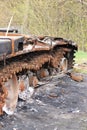 Ukraine, Stoyanka, Kyiv Oblast - 04.25.2022: Burnt broken Russian tank T-72. Tank tr