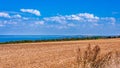 Ukraine.Fields on the shore of the reservoir.The harvest in the fields has been collected.Blue sky with white clouds. Royalty Free Stock Photo