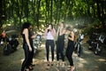 Ukraine, Tarnopol - September 8, 2018: Group of young girls at hen party on choppers and wear black leather dress with champagne. Royalty Free Stock Photo