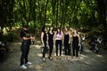 Ukraine, Tarnopol - September 8, 2018: Group of young girls at hen party on choppers and wear black leather dress with champagne. Royalty Free Stock Photo