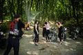 Ukraine, Tarnopol - September 8, 2018: Group of young girls at hen party on choppers and wear black leather dress with champagne. Royalty Free Stock Photo