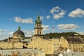 Ukraine touristic destination landmark view ghetto buildings concrete exterior walls cathedral dome and tower medieval