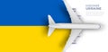 Ukraine travel banner concept. Plane flying over the flag of Ukraine.