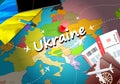 Ukraine travel concept map background with planes,tickets. Visit Ukraine travel and tourism destination concept. Ukraine flag on