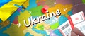 Ukraine travel concept map background with planes,tickets. Visit Ukraine travel and tourism destination concept. Ukraine flag on