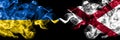 Ukraine, Ukrainian vs Alabama, Alabamian smoky mystic flags placed side by side. Thick colored silky abstract smokes flags