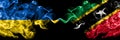 Ukraine, Ukrainian vs Saint Kitts and Nevis smoky mystic flags placed side by side. Thick colored silky abstract smokes flags