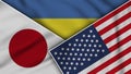 Ukraine United States of America Japan Flags Together Fabric Texture Illustration