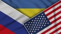 Ukraine United States of America Russia Flags Together Fabric Texture Illustration