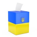 Ukraine Vote Concept. Vote Paper falls in to Vote Box with Ukraine Flag and Coat Of Arms. 3d Rendering Royalty Free Stock Photo