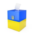 Ukraine Vote Concept. Vote Paper falls in to Vote Box with Ukraine Flag and Coat Of Arms. 3d Rendering Royalty Free Stock Photo