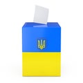 Ukraine Vote Concept. Vote Paper falls in to Vote Box with Ukraine Flag and Coat Of Arms. 3d Rendering Royalty Free Stock Photo