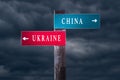 UKRAINE vs CHINA. Middle East conflict concept. Direction signs pointing to different sides. Royalty Free Stock Photo