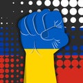 Ukraine VS Russia, fisted hand with ukrainian flag in front of russian flag, conflict between russia and ukraine, vector