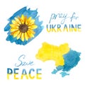Ukraine watercolor set. Ukrainian map and flower