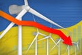 Ukraine wind energy power lowering chart, arrow down - green natural energy industrial illustration. 3D Illustration