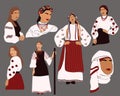 Ukraine women clip art. set of Abstract clipart of Ukrainian girls in traditional clothes. Contemporary women\'s portrait.