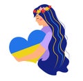 Ukraine young crying ukrainian woman hugging heart, Ukrainian flag. Poster. Vector illustration Royalty Free Stock Photo