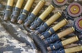 Ukrainian army fabric and machine gun belt shells lies on ukrainian pixeled military camouflage