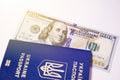 Ukrainian biometric passport and a hundred dollars in sunlight. Royalty Free Stock Photo