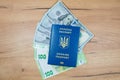 Ukrainian biometric passport id to travel the Europe with dollars and euros money on the table. Inscription in Ukrainian Royalty Free Stock Photo