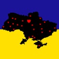 Ukrainian black map in color of blue yellow flag. Ukraine in mourning. Heart in Kyiv, other cities. Vector illustration