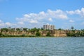 Ukrainian block of flats on the Danube river shore seen from romanian side - Danube river Ukraina - steep ground wall - Ucraina Royalty Free Stock Photo