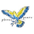 Ukrainian blue and yellow flag symbol - dove peace. Vector illustration. Support print with text. Vintage grange icon