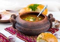 Ukrainian borsch with donuts