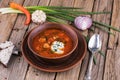 Ukrainian borscht red soup with garlic buns close-up in a bowl on the table Royalty Free Stock Photo