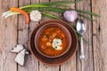 Ukrainian borscht red soup with garlic buns close-up in a bowl on the table Royalty Free Stock Photo