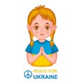 Ukrainian girl pray for peace in Ukraine, stop war, Russia military terror aggression. Cry child. Help Europe country. Vector Royalty Free Stock Photo