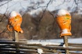 Ukrainian clay jugs on fence in winter