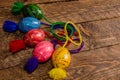 Ukrainian colored Easter eggs with ornaments on a wooden background Royalty Free Stock Photo