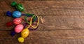 Ukrainian colored Easter eggs with ornaments on a wooden background Royalty Free Stock Photo