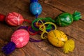 Ukrainian colored Easter eggs with ornaments on a wooden background Royalty Free Stock Photo