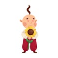 Ukrainian Cossack in love with a sunflower. Cute cartoon character. Ukrainian national traditional clothes and men's