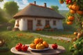 1950 ukrainian country near a small rural house with a thatched roof there are pumpkins eggplant gen ai