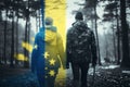 Freedom in the Woods: Ukrainian Couple with Flag Walking Hand in Hand