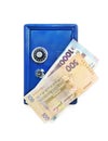 Ukrainian currency hryvnia, paper banknotes in blue safe.