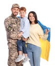 Ukrainian defender in military uniform and his family with flag on white background Royalty Free Stock Photo