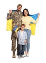 Ukrainian defender in military uniform and his family with flags on white background Royalty Free Stock Photo