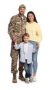 Ukrainian defender in military uniform with his family on white background Royalty Free Stock Photo