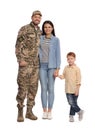 Ukrainian defender in military uniform with his family on white background Royalty Free Stock Photo