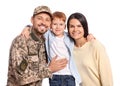 Ukrainian defender in military uniform with his family on white background Royalty Free Stock Photo