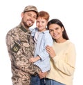Ukrainian defender in military uniform and his family on white background Royalty Free Stock Photo