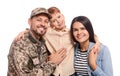 Ukrainian defender in military uniform with his family on white background Royalty Free Stock Photo