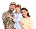 Ukrainian defender in military uniform and his family on white background Royalty Free Stock Photo