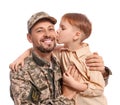 Ukrainian defender in military uniform with his little son on white background Royalty Free Stock Photo